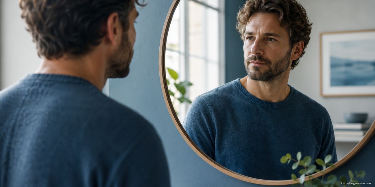 Uomo adulto con maglione blu osserva il proprio riflesso in uno specchio rotondo all'interno di un ambiente luminoso e accogliente. La scena è caratterizzata da tonalità blu e luce naturale proveniente da una finestra. L'espressione è calma e riflessiva, mentre sullo sfondo sono presenti libri e piante che contribuiscono a creare un'atmosfera serena e raccolta. L'immagine richiama l'idea di ascolto di sé, consapevolezza e attenzione al proprio vissuto interiore.