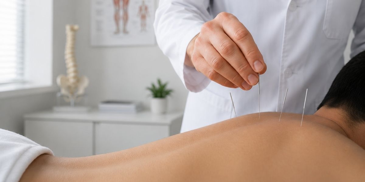 Un medico esegue un trattamento di agopuntura sulla schiena di un paziente all’interno di un ambulatorio medico moderno e luminoso.