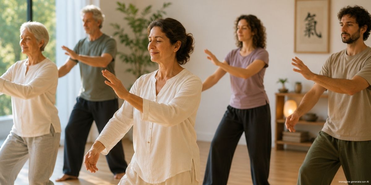 Gruppo di adulti durante una lezione di Movimento armonico con esercizi ispirati al Tai Chi e Qi Gong a Spine Center Bologna