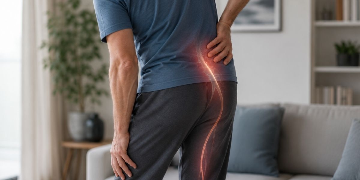 Uomo adulto in ambiente domestico con dolore lombare irradiato alla gamba, rappresentato con una lieve evidenziazione del percorso del nervo sciatico.