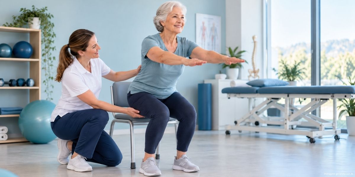 Donna anziana esegue un esercizio terapeutico assistita da una professionista in un ambiente riabilitativo.