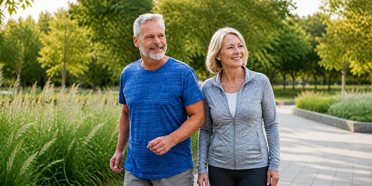 Uomo e donna adulti che camminano insieme in un ambiente naturale, rappresentazione del benessere e della qualità della vita