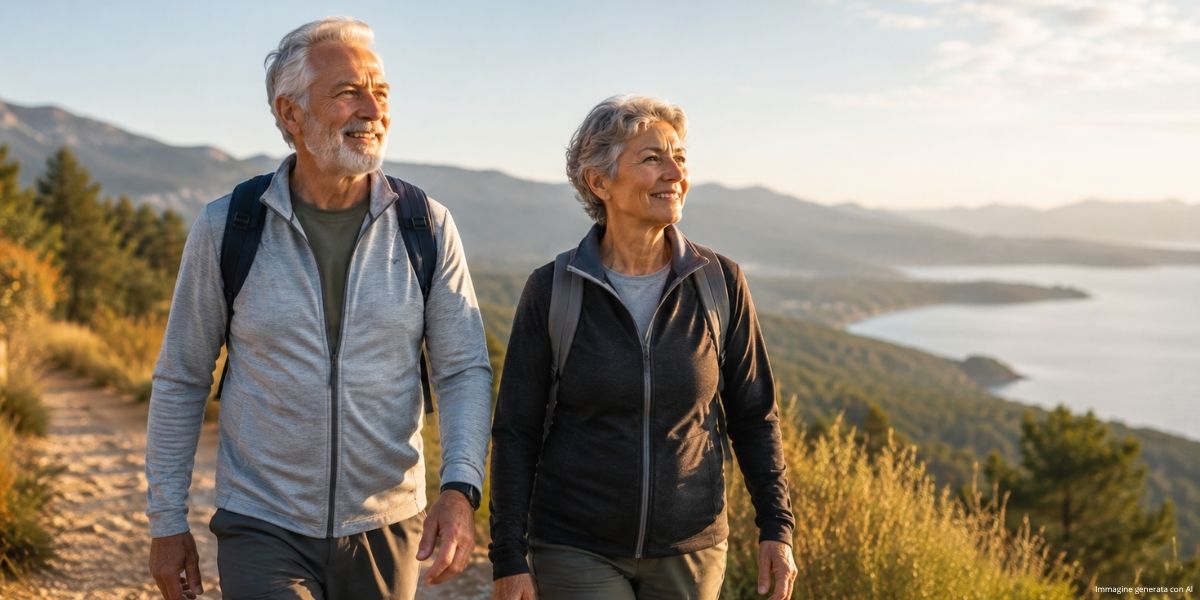 Coppia di persone anziane passeggia all’aperto, immagine dedicata all’invecchiare in salute e al mantenimento della funzione e dell’autonomia