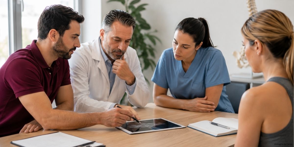Professionisti sanitari riuniti attorno a un tavolo durante una valutazione multidisciplinare. Un osteopata in polo bordeaux collabora con altri specialisti per discutere il percorso di salute di una persona in un ambiente clinico luminoso e moderno.