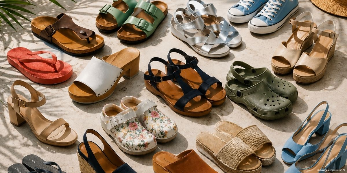 Scarpe estive da uomo e da donna, tra cui sandali, infradito, zoccoli, sneakers e scarpe aperte con tacco, utilizzate per illustrare un articolo sulla scelta delle calzature estive e sul benessere dei piedi.