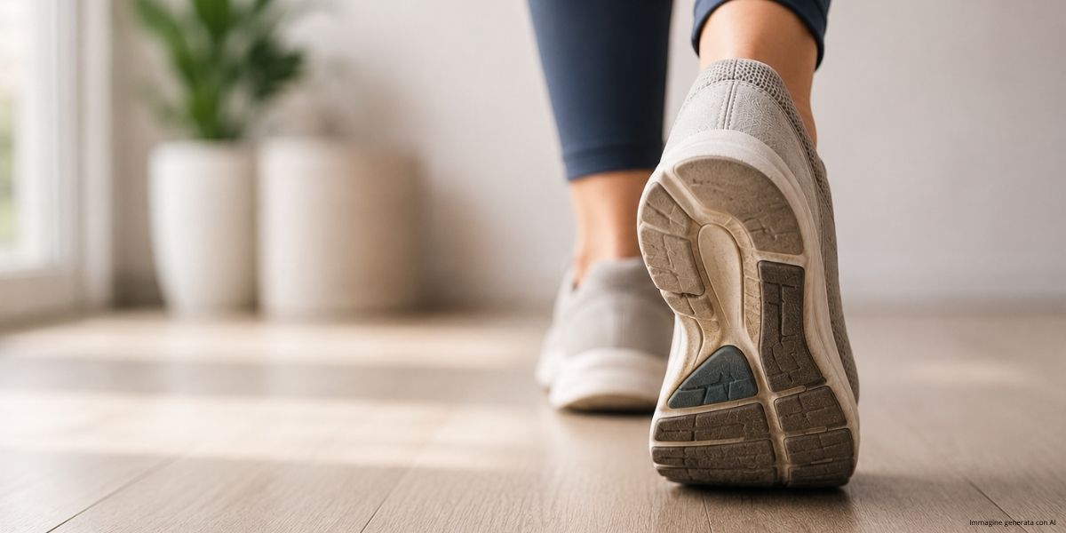 Una persona cammina in un ambiente luminoso indossando sneakers chiare. L’immagine mette in evidenza la suola della scarpa e il movimento del passo, richiamando il tema dell’appoggio del piede, del cammino e delle abitudini quotidiane. Atmosfera semplice, naturale e accogliente.