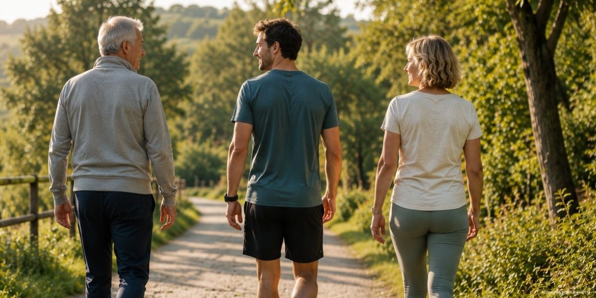 Tre persone di età diverse camminano insieme lungo un sentiero immerso nel verde durante una giornata luminosa. L'immagine richiama il concetto di percorso personalizzato, collaborazione e libertà di movimento.