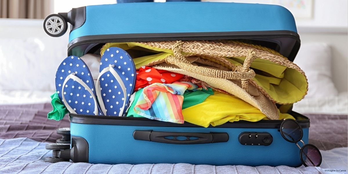 Valigia pronta per le vacanze con abiti e accessori estivi. Un'immagine che richiama l'idea di rallentare, dedicare tempo a sé stessi e prendersi una pausa dai ritmi quotidiani.