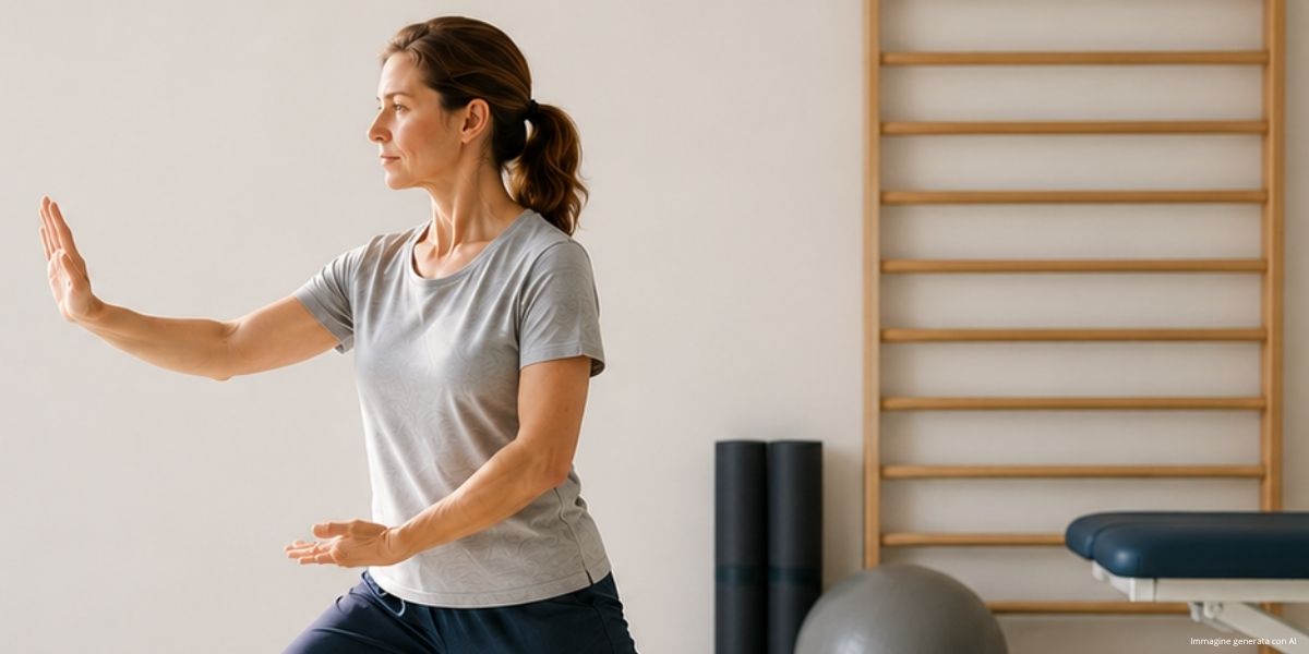 Persona in piedi in una sala per attività motorie che esegue un movimento lento e controllato con le braccia, ispirato alle pratiche di Tai Chi e Qi Gong. Sullo sfondo sono visibili una spalliera in legno, tappetini e attrezzature per l'esercizio fisico.