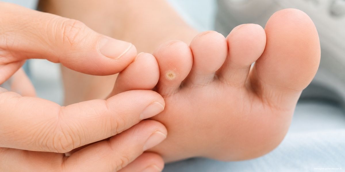 Dettaglio di un occhio di pernice su un dito del piede mentre viene osservato con la mano. Immagine che richiama il rapporto tra pressione, scarpe e movimento del piede.
