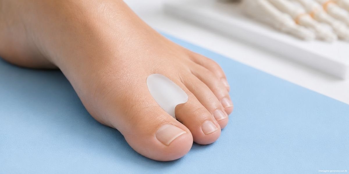 Ortesi interdigitale in silicone su misura applicata tra le dita del piede per ridurre sfregamenti, pressioni e migliorare il comfort durante il movimento.