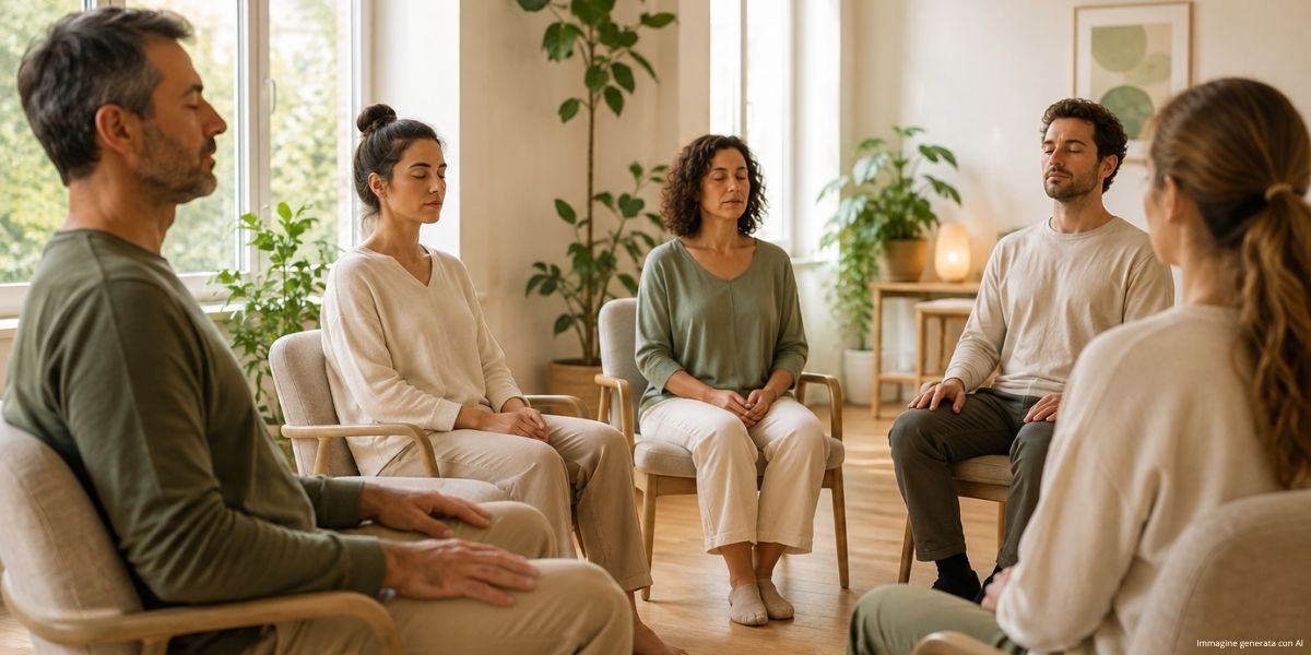 Gruppo di adulti durante un incontro di mindfulness psicosomatica a Bologna
