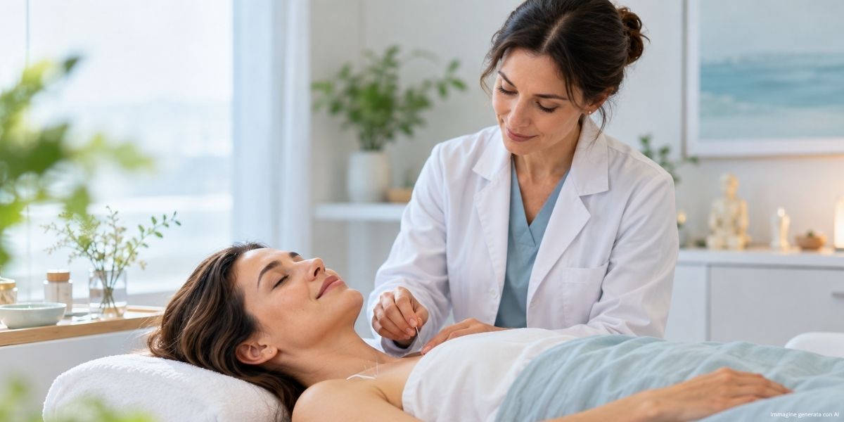 Donna durante una seduta di agopuntura con medico in un percorso di supporto complementare alla Procreazione Medicalmente Assistita.