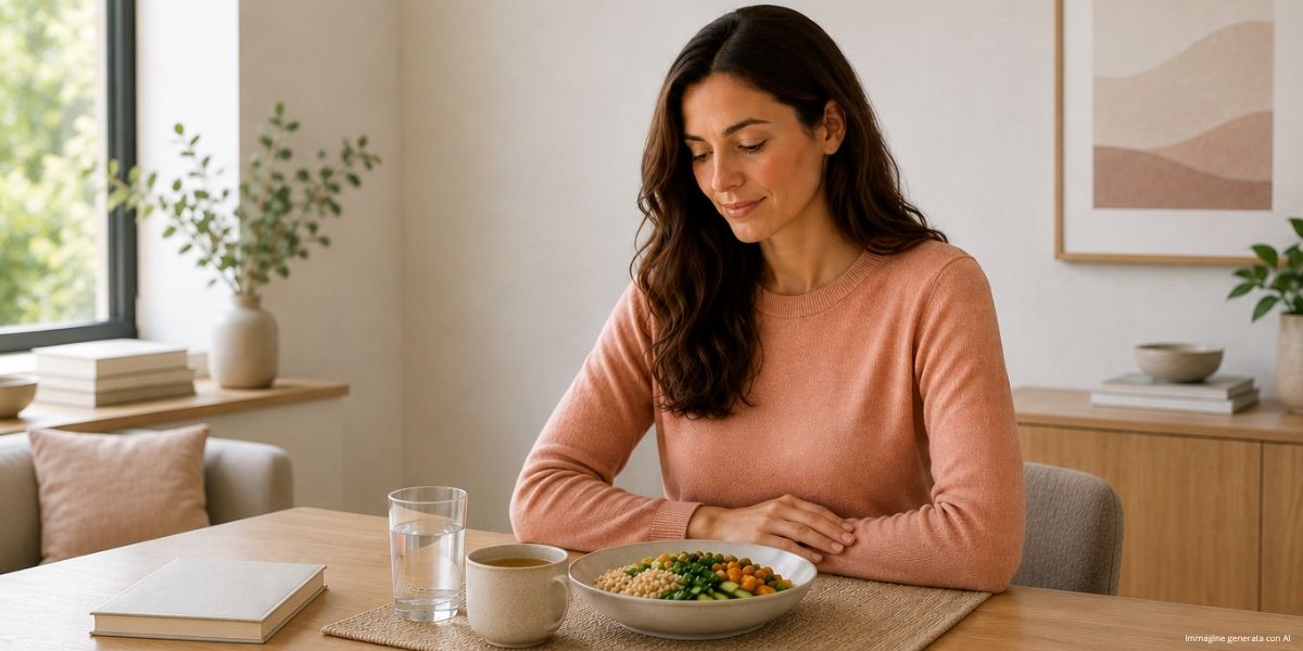 Donna seduta a tavola in un ambiente domestico luminoso e accogliente, mentre osserva un pasto semplice ed equilibrato composto da cereali e verdure. Sul tavolo sono presenti un bicchiere d'acqua e una tisana. Immagine utilizzata per un articolo informativo sul reflusso gastroesofageo, l'alimentazione e le abitudini che possono favorire il benessere digestivo.
