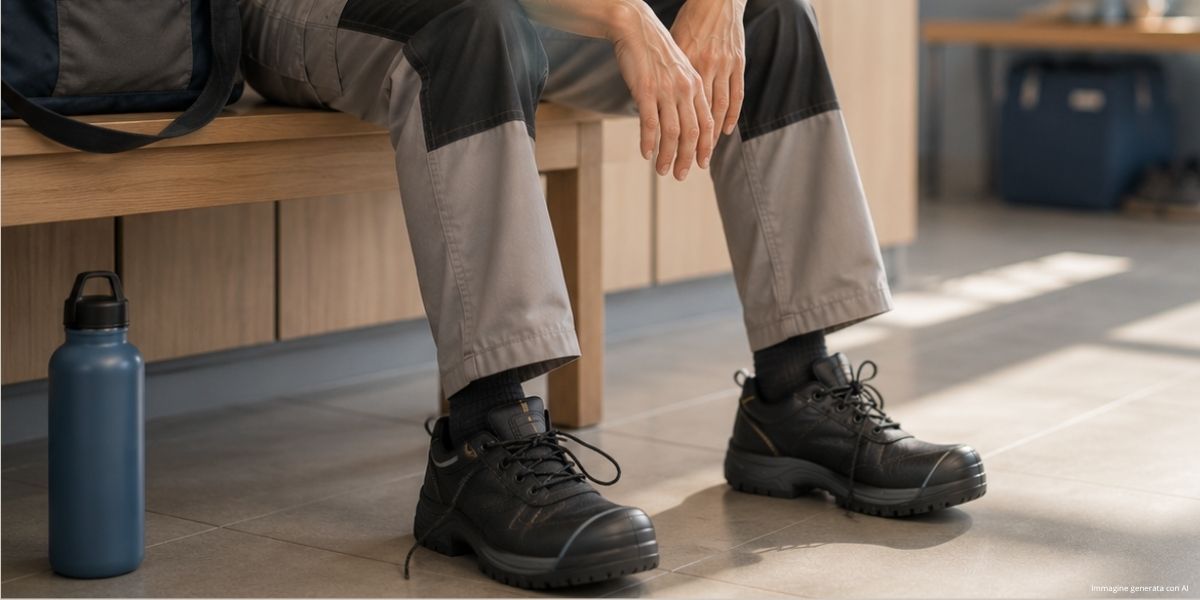 Lavoratrice seduta a fine turno in uno spogliatoio aziendale mentre si riposa dopo una giornata di lavoro. Indossa scarpe antinfortunistiche e abiti da lavoro; l'immagine richiama il tema dell'affaticamento del piede, delle lunghe ore in piedi e del comfort durante l'attività lavorativa quotidiana.