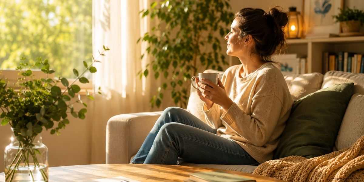 Una donna seduta sul divano di un soggiorno luminoso e accogliente, illuminato dalla luce calda del sole che entra dalla finestra. Tiene una tazza tra le mani e guarda verso l’esterno con un’espressione serena e rilassata. Sul tavolo in legno davanti a lei ci sono libri, un quaderno e un vaso con fiori verdi. L’ambiente è caldo, naturale e domestico, con piante e tessuti morbidi che trasmettono una sensazione di calma, pausa e benessere quotidiano.