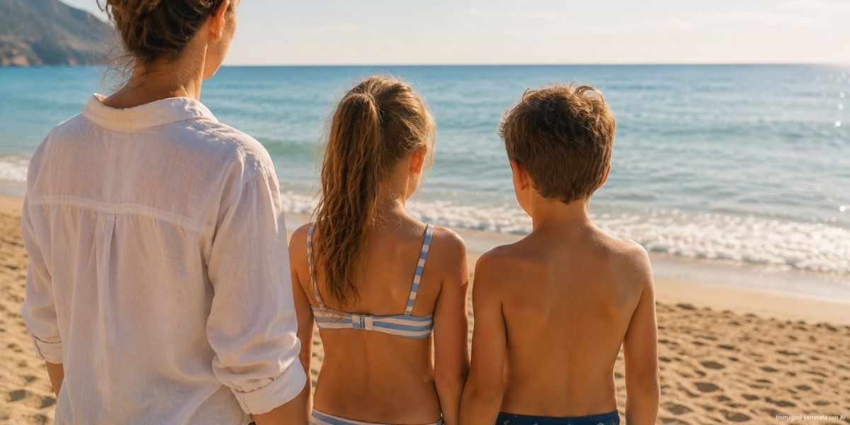 Madre con un bambino e una bambina sulla spiaggia osservati di spalle mentre guardano il mare. Immagine che rappresenta l'attenzione ai primi segnali della scoliosi durante la crescita.