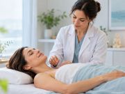 Donna durante una seduta di agopuntura con medico in un percorso di supporto complementare alla Procreazione Medicalmente Assistita.