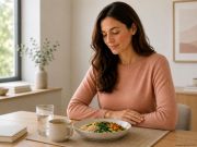 Donna seduta a tavola in un ambiente domestico luminoso e accogliente, mentre osserva un pasto semplice ed equilibrato composto da cereali e verdure. Sul tavolo sono presenti un bicchiere d'acqua e una tisana. Immagine utilizzata per un articolo informativo sul reflusso gastroesofageo, l'alimentazione e le abitudini che possono favorire il benessere digestivo.