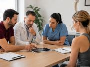 Professionisti sanitari riuniti attorno a un tavolo durante una valutazione multidisciplinare. Un osteopata in polo bordeaux collabora con altri specialisti per discutere il percorso di salute di una persona in un ambiente clinico luminoso e moderno.
