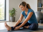 Donna adulta esegue stretching per migliorare mobilità e rigidità muscolare in un ambiente dedicato alla rieducazione del movimento.