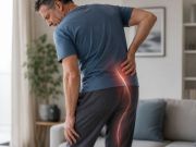 Uomo adulto in ambiente domestico con dolore lombare irradiato alla gamba, rappresentato con una lieve evidenziazione del percorso del nervo sciatico.