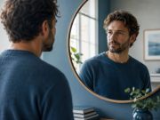 Uomo adulto con maglione blu osserva il proprio riflesso in uno specchio rotondo all'interno di un ambiente luminoso e accogliente. La scena è caratterizzata da tonalità blu e luce naturale proveniente da una finestra. L'espressione è calma e riflessiva, mentre sullo sfondo sono presenti libri e piante che contribuiscono a creare un'atmosfera serena e raccolta. L'immagine richiama l'idea di ascolto di sé, consapevolezza e attenzione al proprio vissuto interiore.