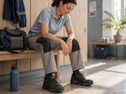Lavoratrice seduta a fine turno in uno spogliatoio aziendale mentre si riposa dopo una giornata di lavoro. Indossa scarpe antinfortunistiche e abiti da lavoro; l'immagine richiama il tema dell'affaticamento del piede, delle lunghe ore in piedi e del comfort durante l'attività lavorativa quotidiana.